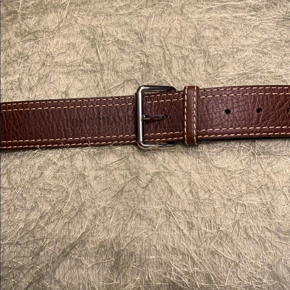 Longchamp leather stitched belt - silver hardware